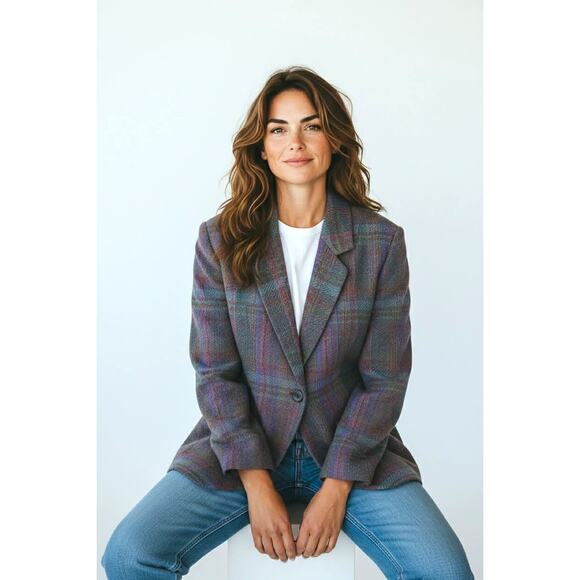 Vintage Carlisle Wool Tweed Blazer Jacket 10 Made in Hong Kong Plaid One Button - Picture 2 of 6